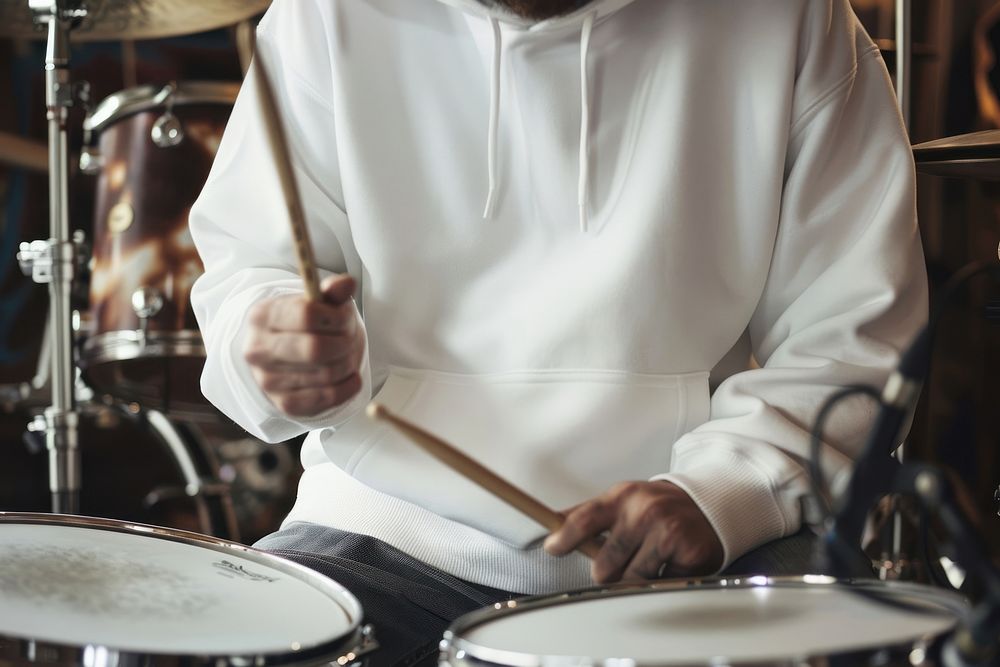 White hoodie mockup drummer music recreation.