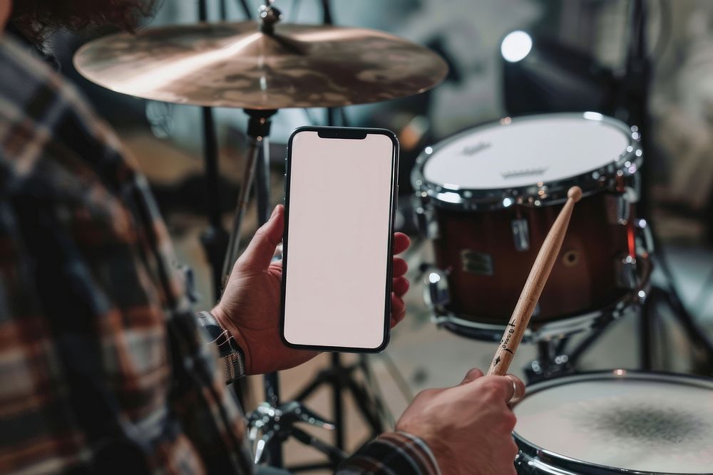 White phone mockup drummer music electronics.