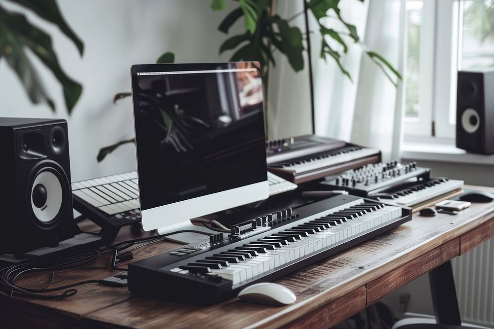 Laptop mockup music desk electronics.