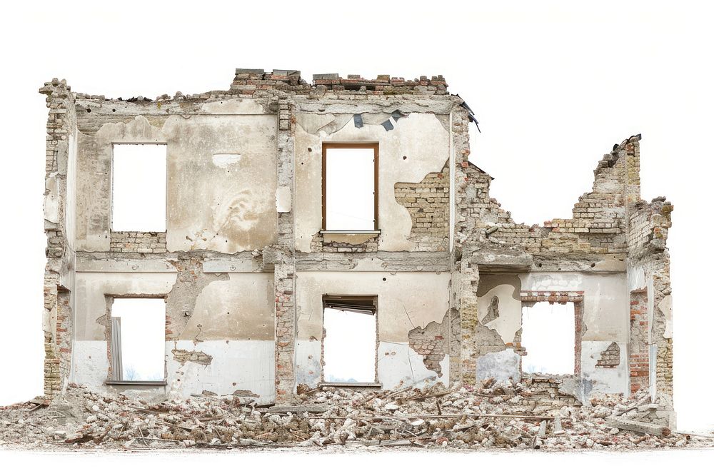 Minimal destroyed building architecture ruins.