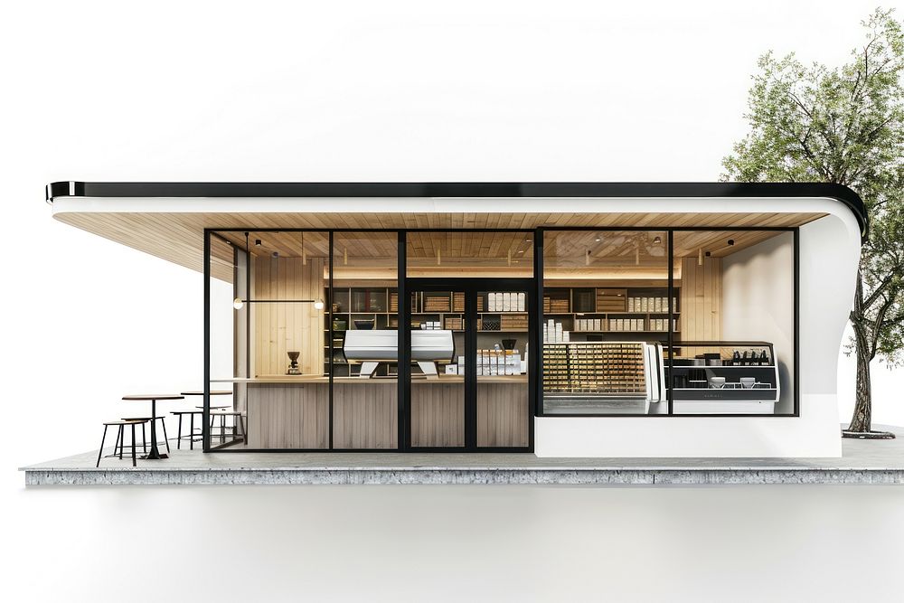 Modern coffee shop architecture building furniture.