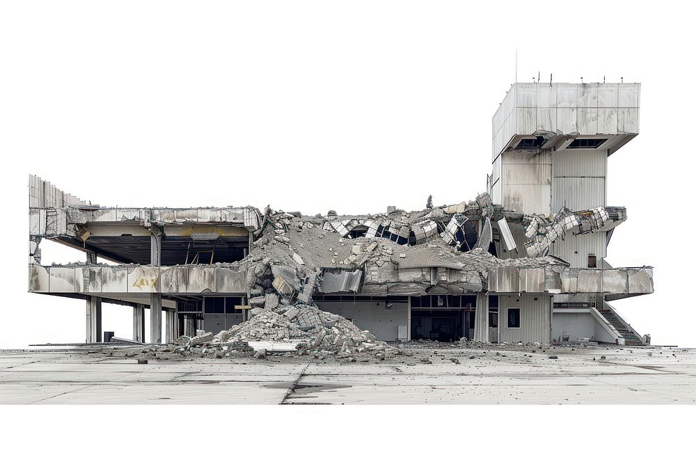 Airport destroyed building demolition.