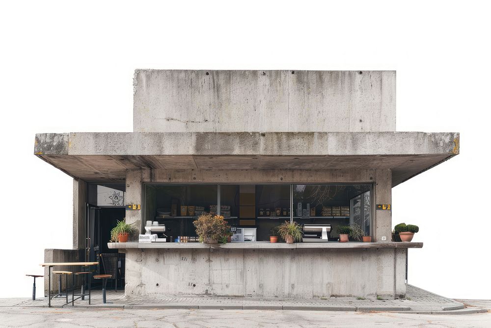 Brutalism coffee shop architecture building furniture.