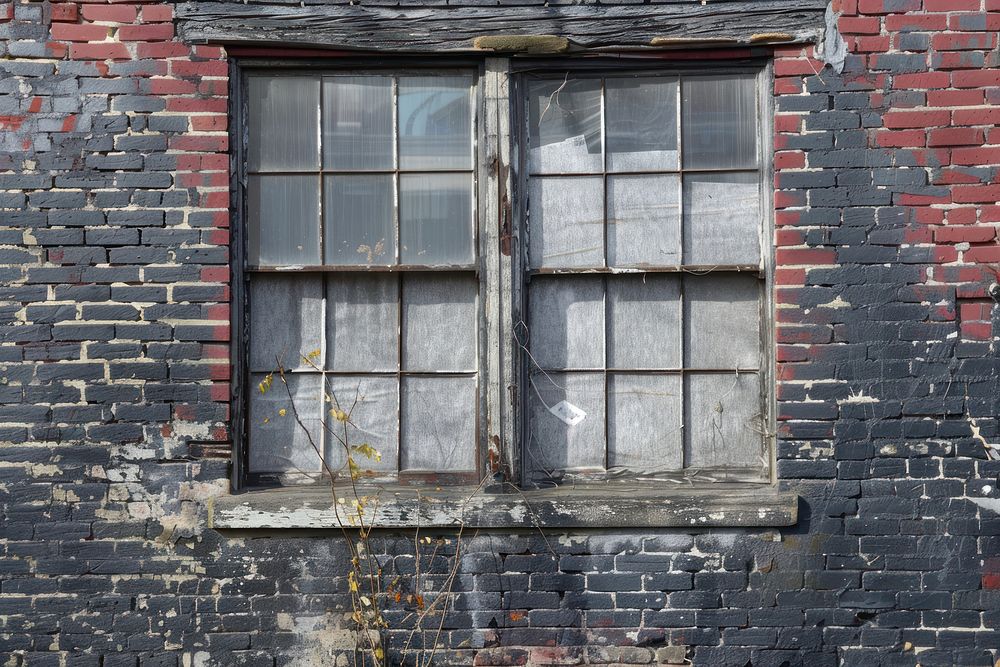 Grey brick wall window - broken home damage.