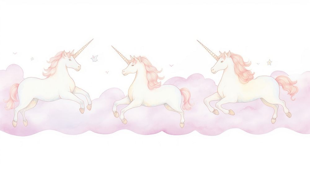 Unicorns with clouds as divider watercolor illustrated painting drawing.