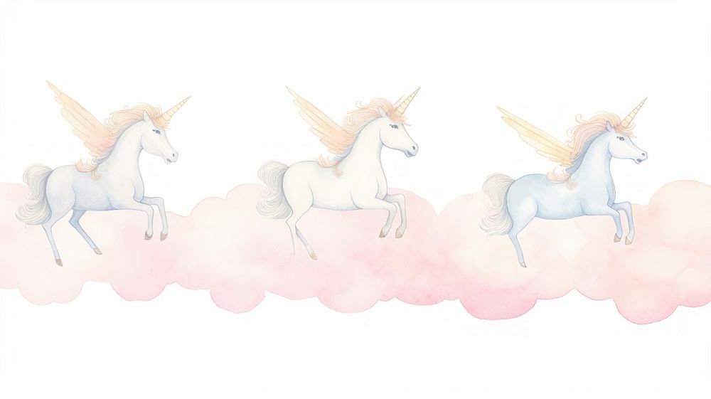 Unicorns with clouds as divider watercolor illustrated drawing animal.