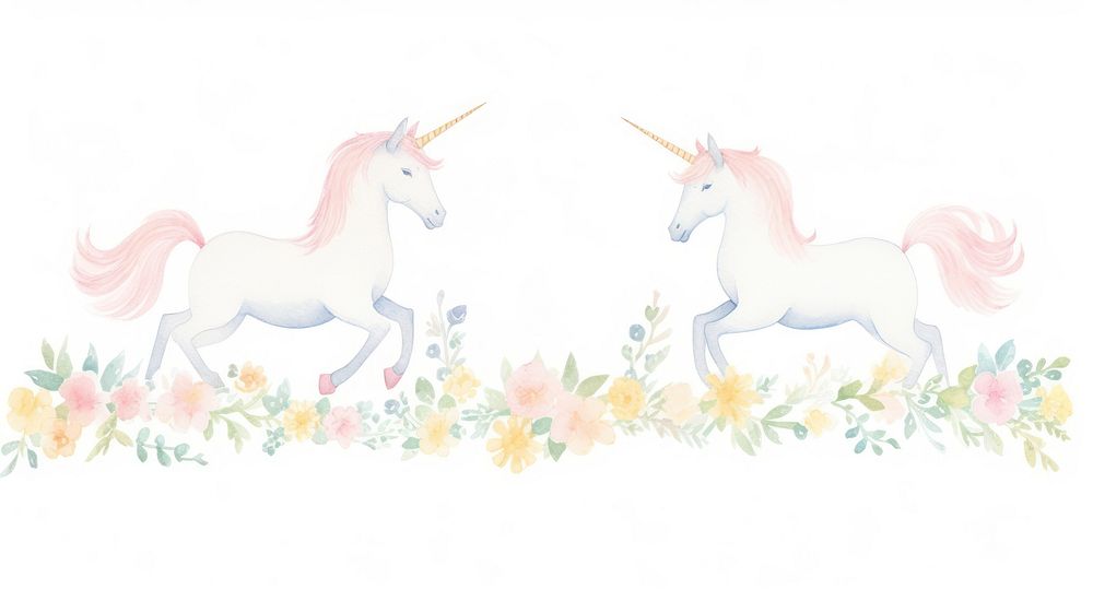 Unicorns with flowers as divider watercolor painting animal mammal.