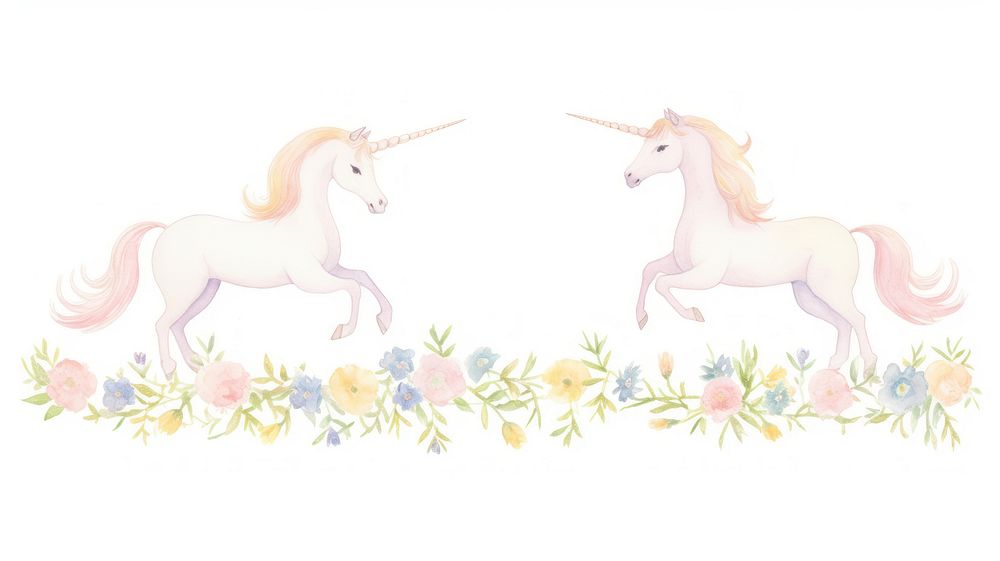 Unicorns with flowers as divider watercolor illustrated painting wildlife.