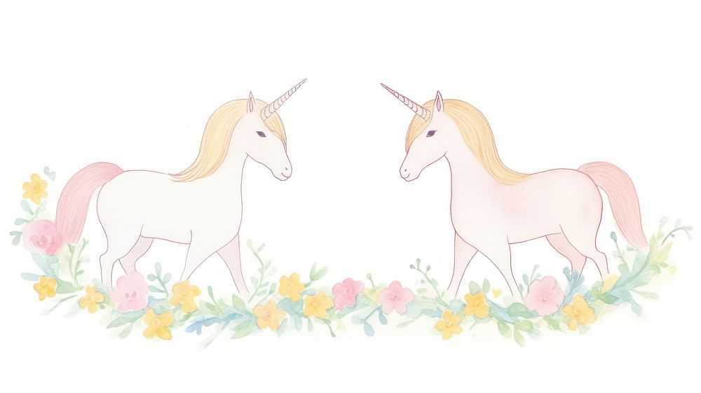 Unicorns with flowers as divider watercolor illustrated wildlife drawing.