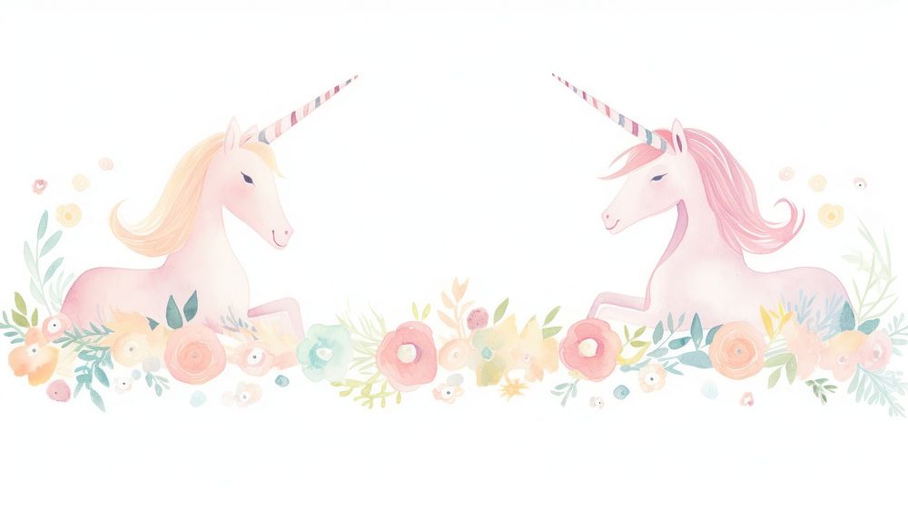Unicorns with flowers as divider watercolor graphics painting blossom.