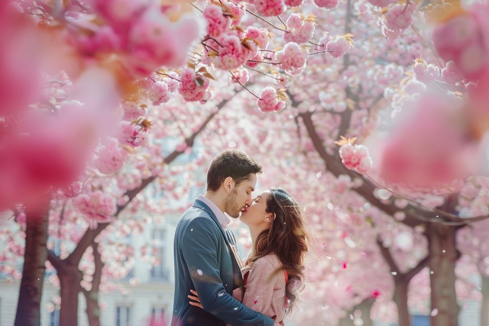 Couples sharing a kiss blossom bridegroom romantic.