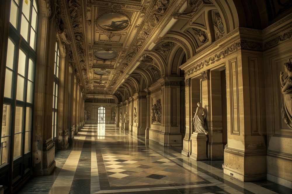 Interior of the Louvre Museum in Paris architecture building corridor.