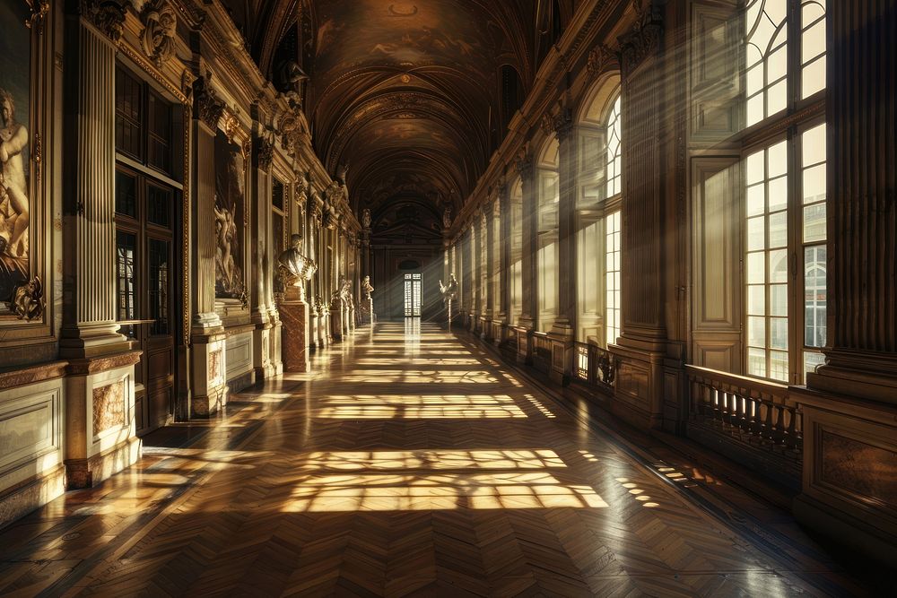 Interior of the Louvre Museum in Paris architecture building corridor.