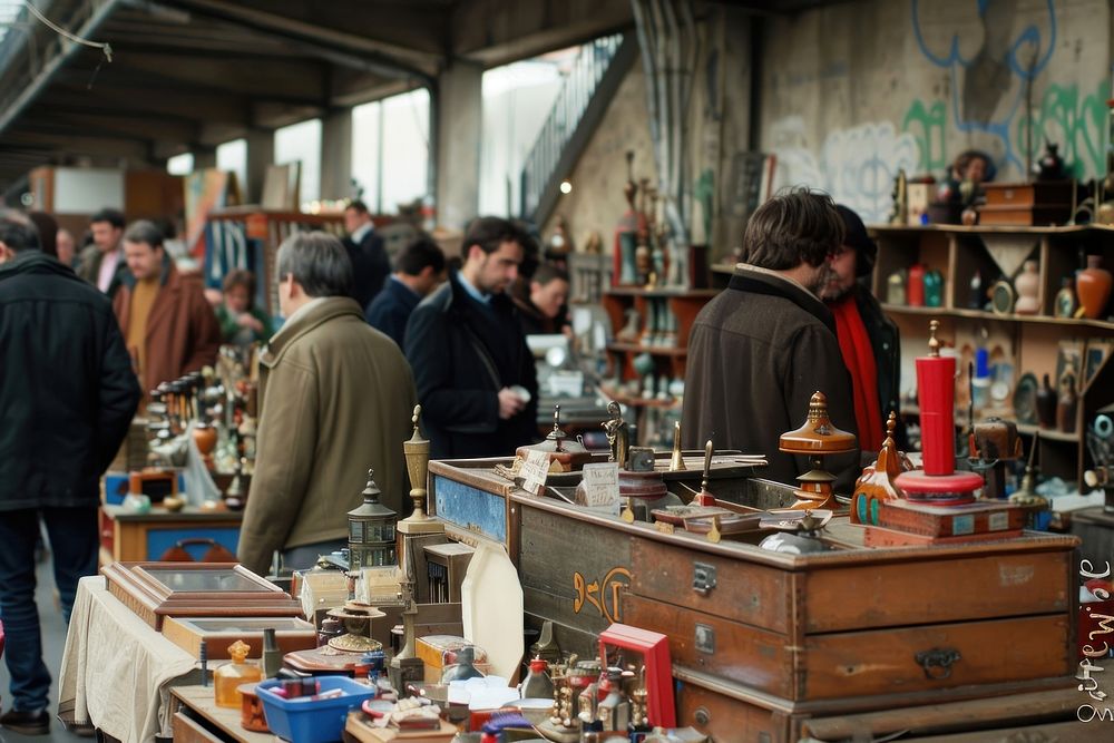 People browsing vintage treasures market manufacturing architecture.