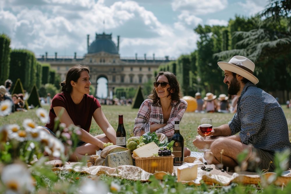Leisurely picnic in Tuileries Garden countryside outdoors vineyard.