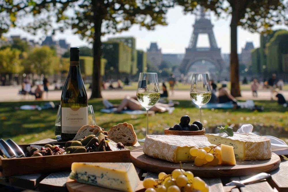 Leisurely picnic in Tuileries Garden cheese countryside outdoors.