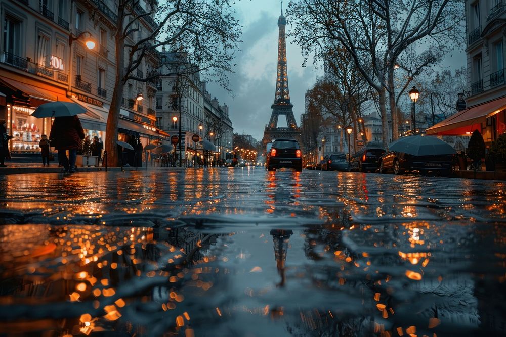 Paris in the rain transportation architecture automobile.