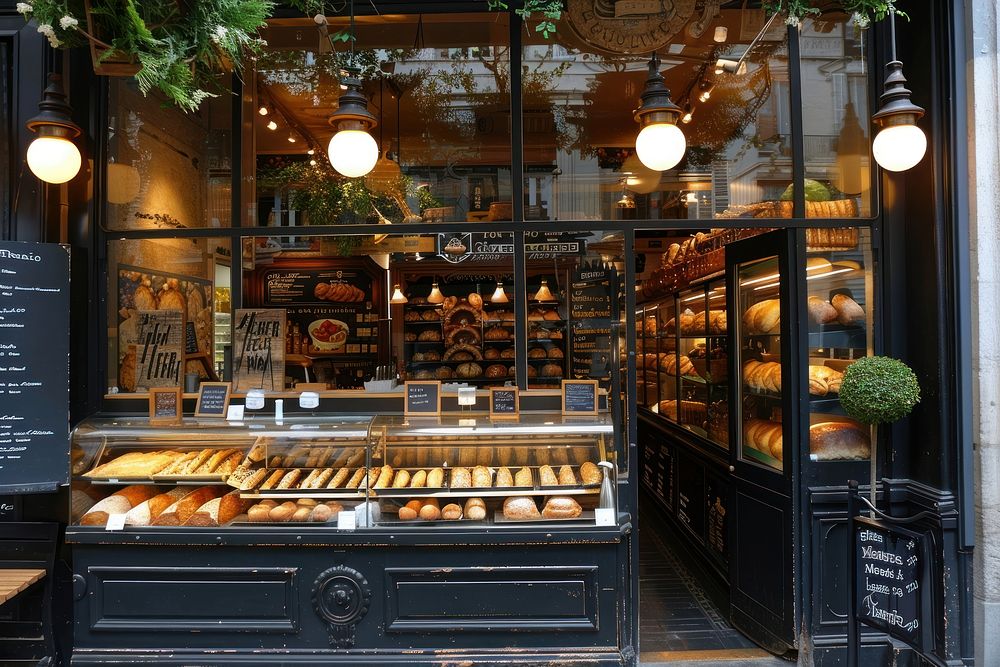Traditional Parisian bakery display bread electronics.