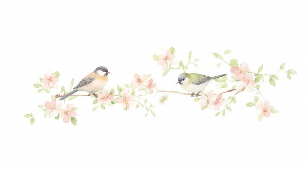 Birds with bouquet as divider watercolor painting outdoors blossom.