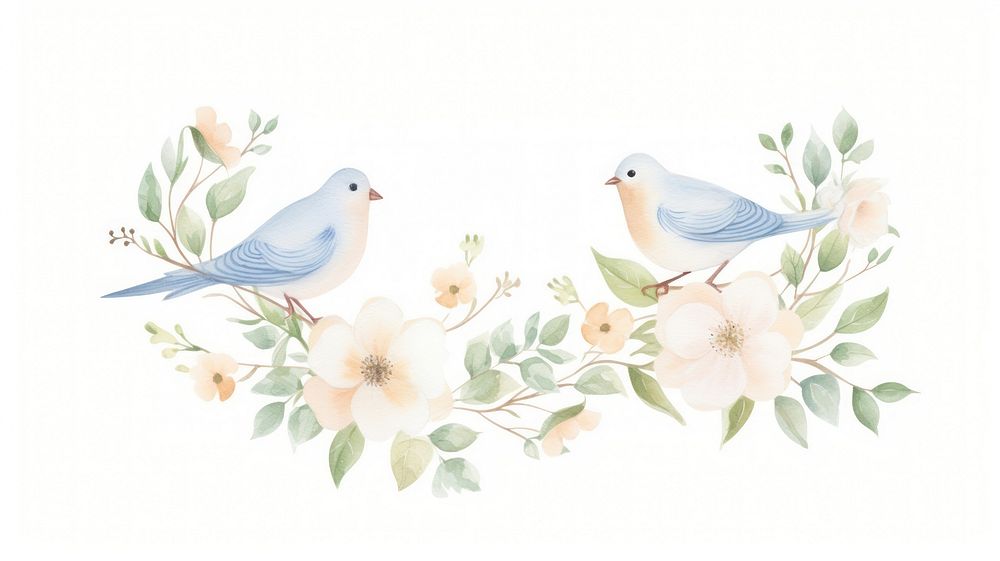 Birds with bouquet as divider watercolor porcelain graphics painting.