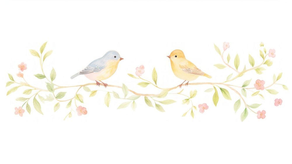 Birds with flowers as divider watercolor painting graphics pattern.