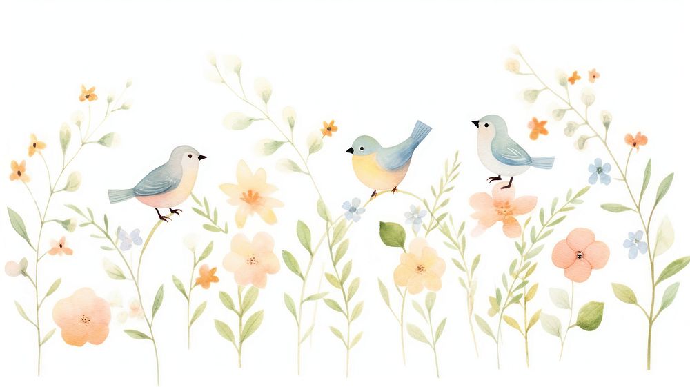 Birds with flowers as divider watercolor graphics painting pattern.