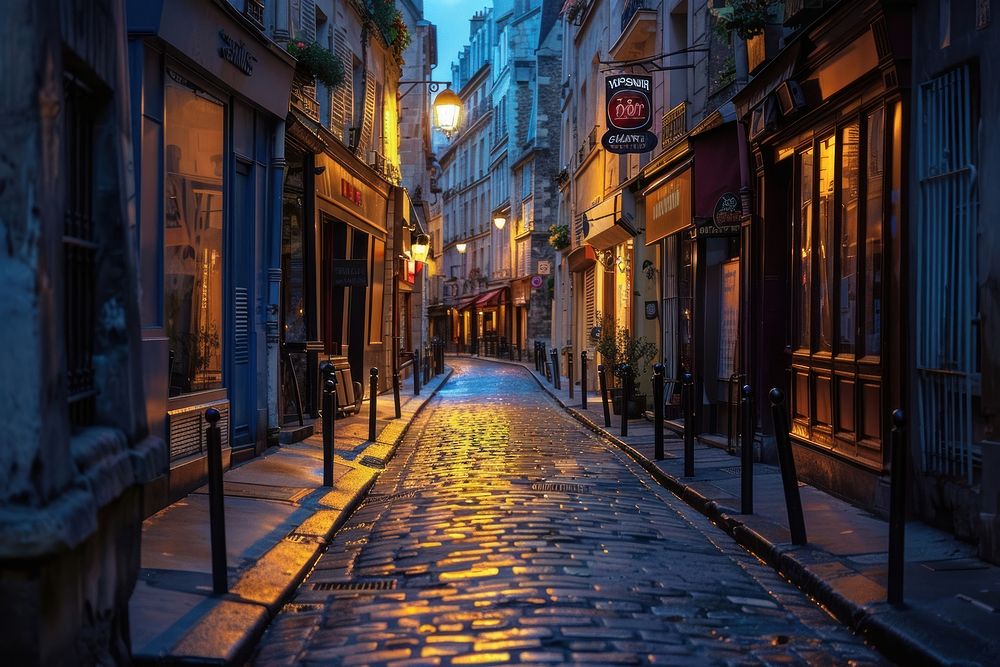 Quiet alleyway architecture cobblestone cityscape.