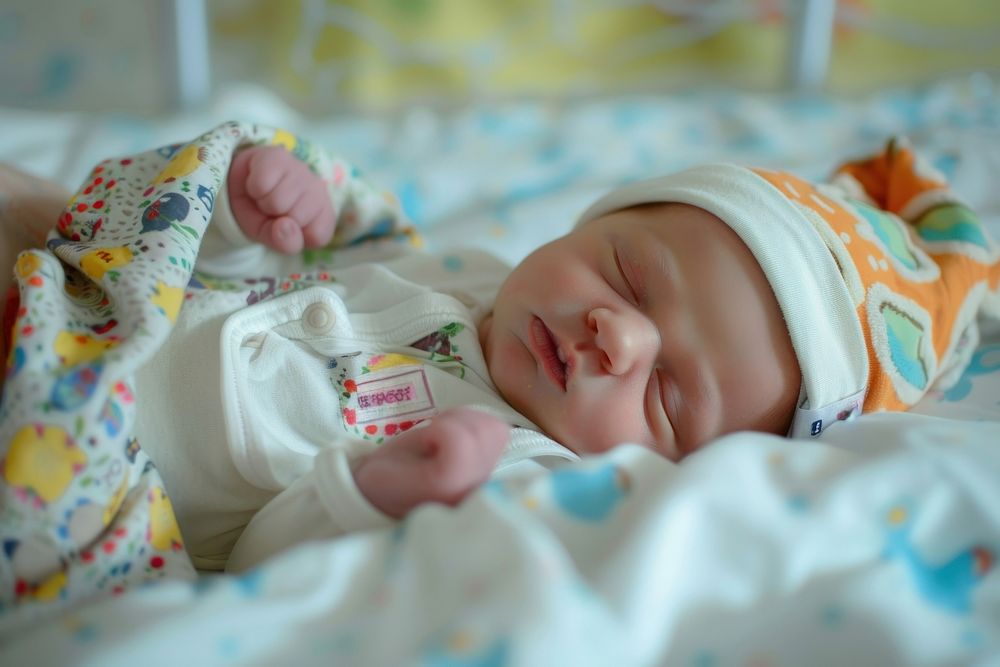 Little Caucasian Newborn Baby Lying in Bassinet portrait newborn baby.