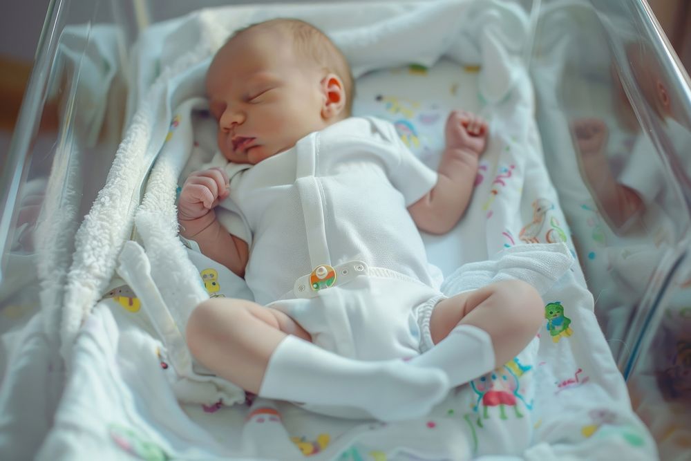 Little Caucasian Newborn Baby Lying in Bassinet baby furniture person.