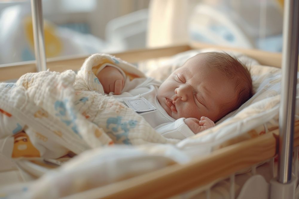 Little Caucasian Newborn Baby Lying in Bassinet hospital newborn baby.