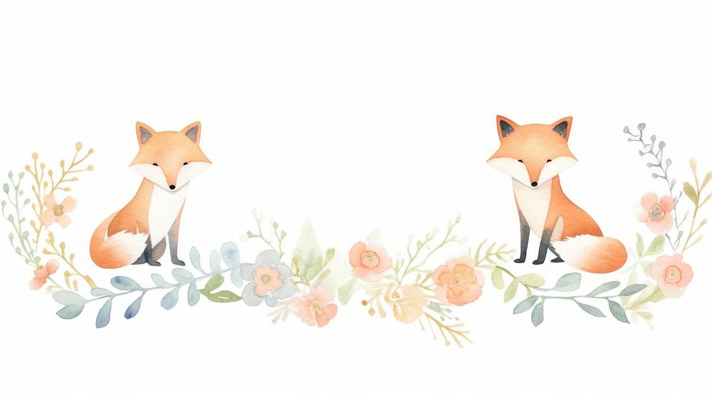 Foxes with flowers as divider watercolor graphics wildlife painting.