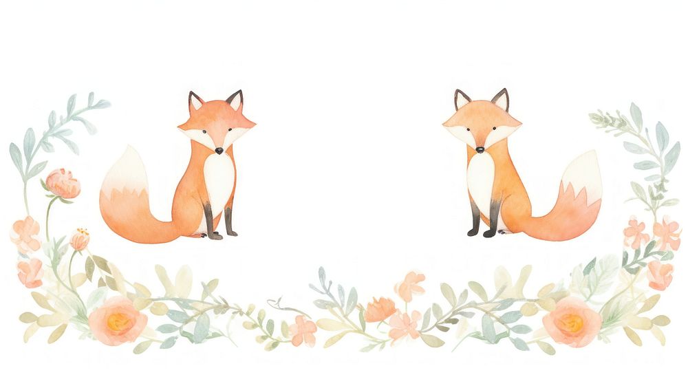 Foxes with flowers as divider watercolor graphics painting wildlife.