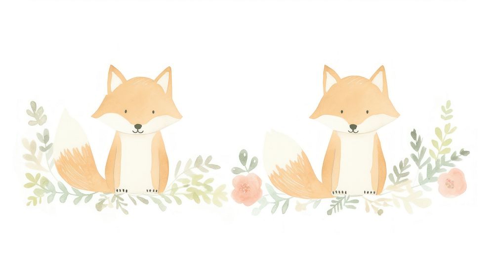 Foxes with flowers as divider watercolor illustrated painting drawing.