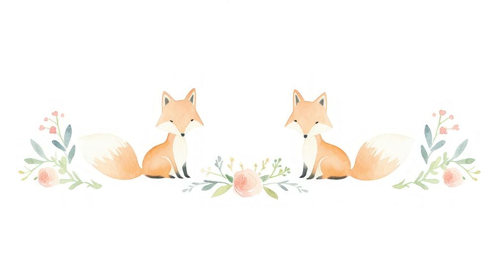Foxes with flowers as divider watercolor wildlife animal mammal.