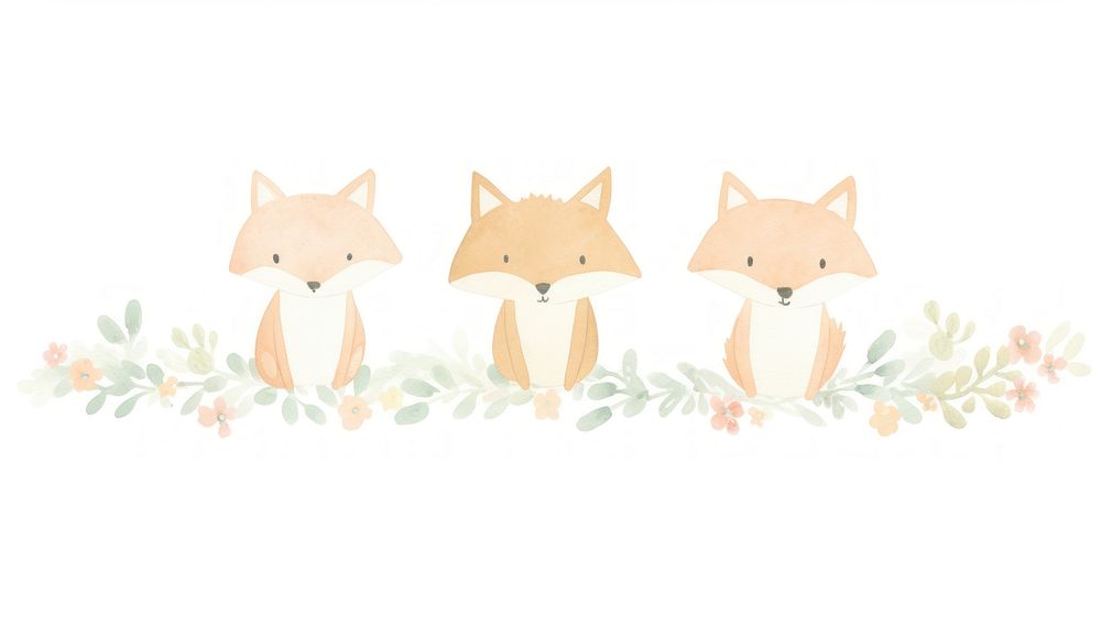 Foxes with flowers as divider watercolor illustrated painting pattern.