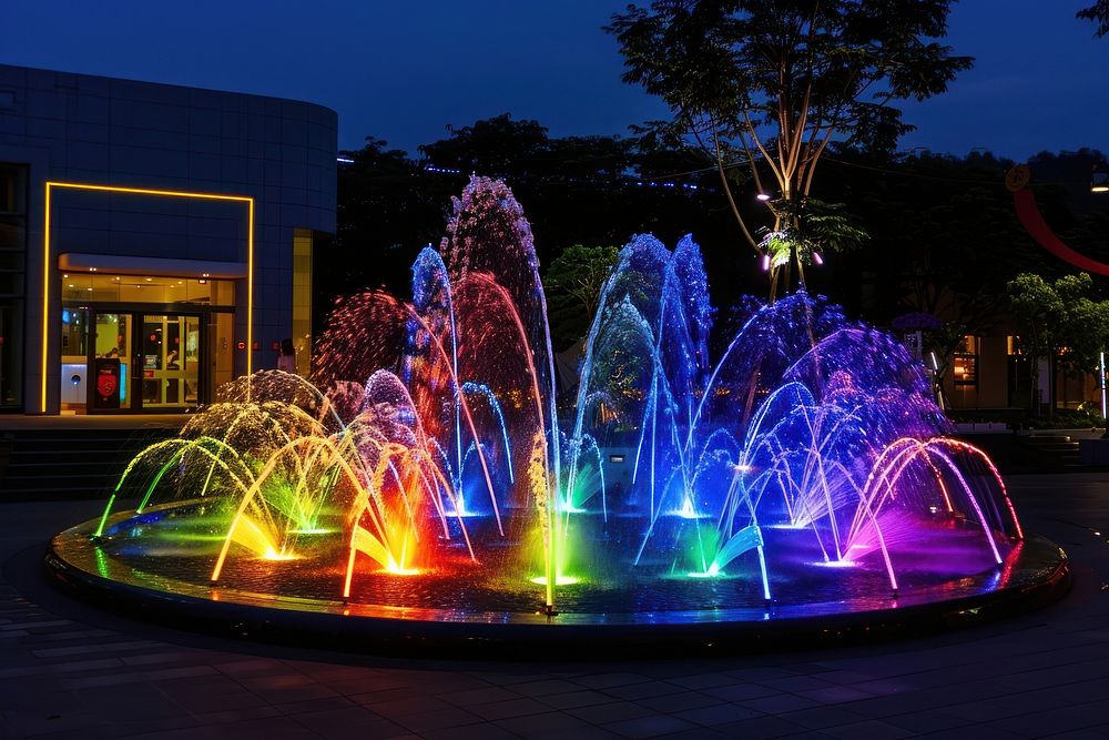 Dancing water jet led light fountain show architecture person human.
