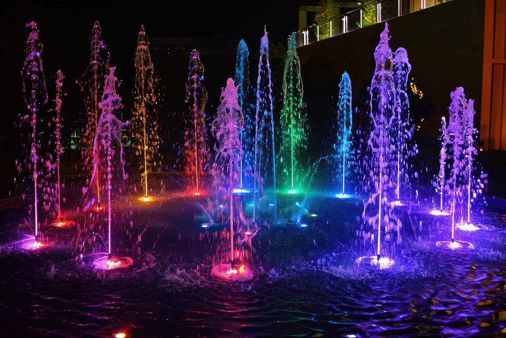 Dancing water jet led light fountain show architecture.