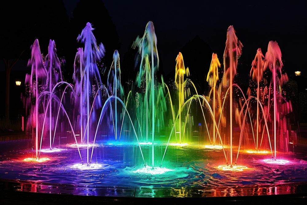 Dancing water jet led light fountain show architecture bonfire flame.