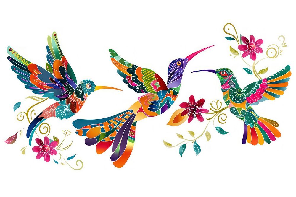Mexican colorful hummingbirds pattern art graphics.