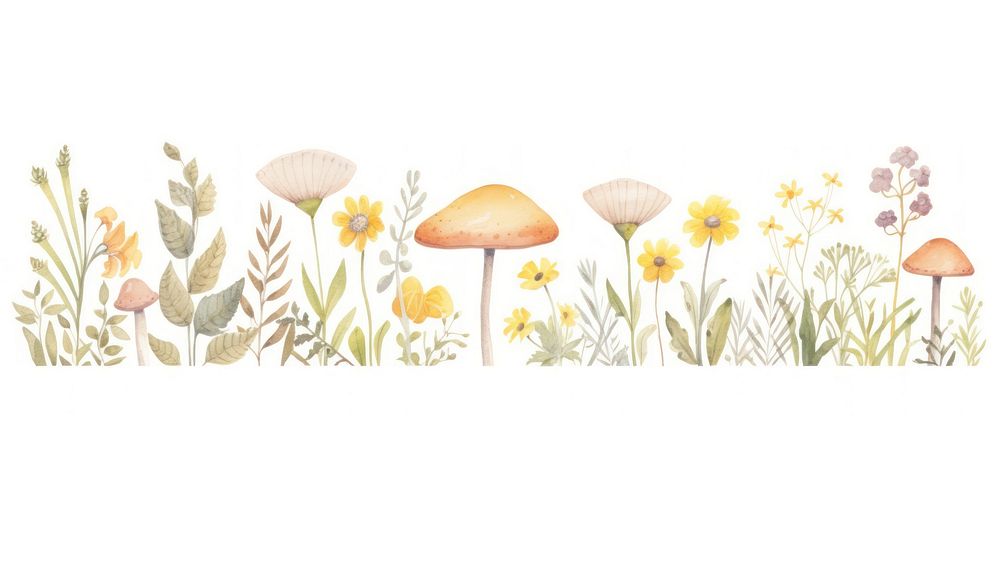 Mushrooms with flowers as divider watercolor illustrated drawing blossom.