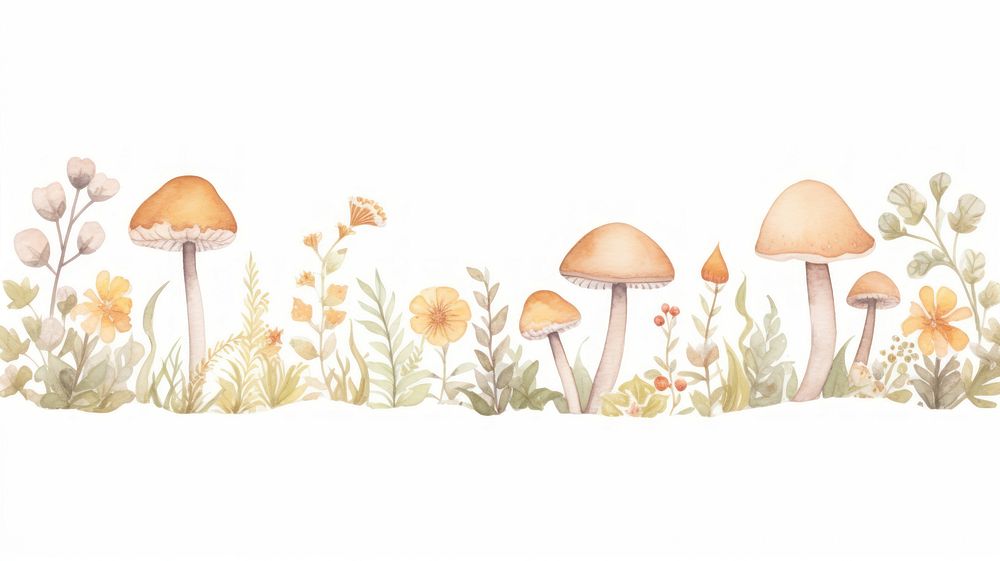 Mushrooms with flowers as divider watercolor fungus agaric plant.