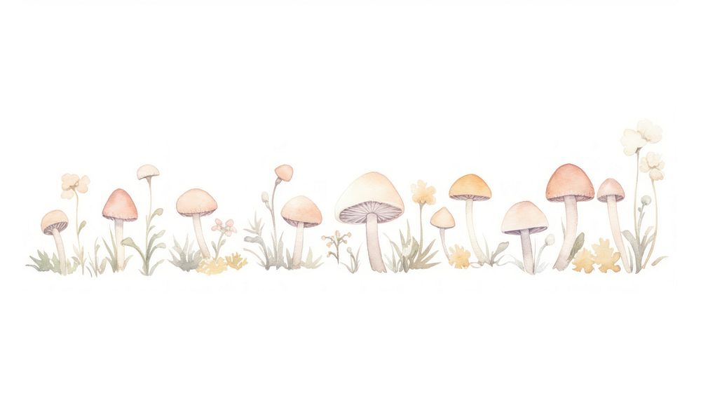 Mushrooms with flowers as divider watercolor illustrated drawing fungus.