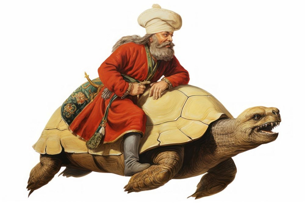 Man on a turtle reptile animal white background.
