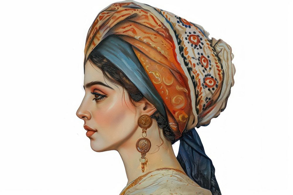 Woman painting turban white background.