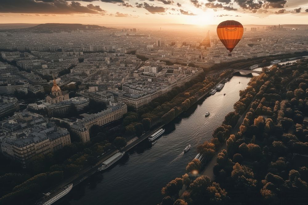 Beauty of Paris from above balloon transportation architecture.