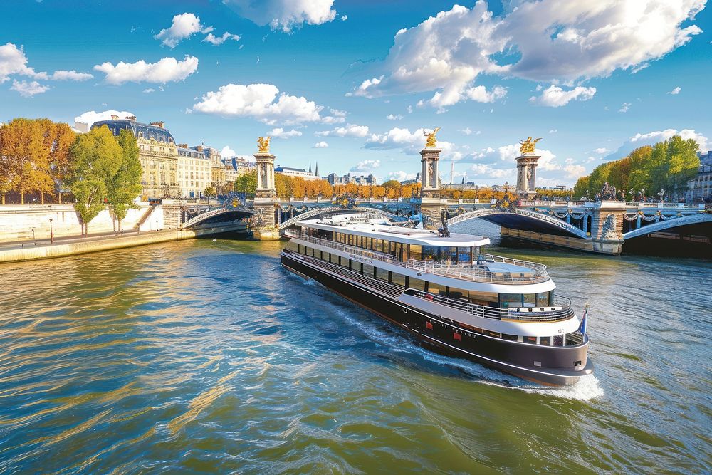 River cruise along the Seine bridge transportation waterfront.