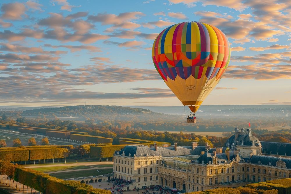 Balloon ride over the Palace of Versailles transportation architecture cityscape.