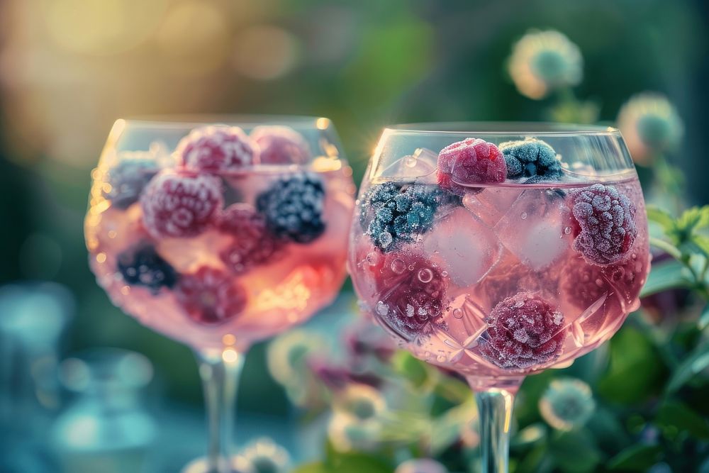 Two nicely decorated cocktail glasses filled with a pink gin tonic beverage with frozen berries berry blackberry raspberry.