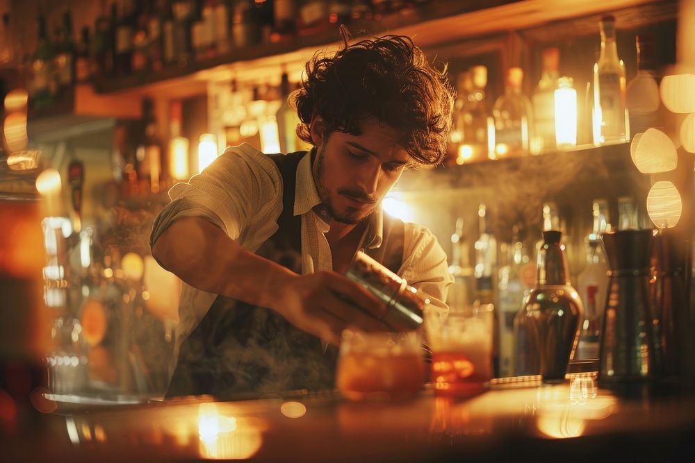 Young bartender pouring cocktails in a cocktail bar cosmetics perfume bottle.