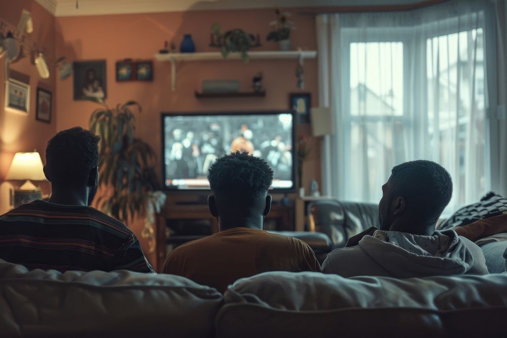 A black Friends Watching Football in Living Room room architecture electronics.